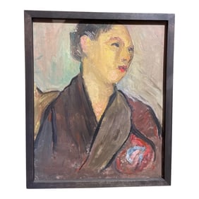Circa 1940s French Expressionist Portrait Painting of a Woman, Framed