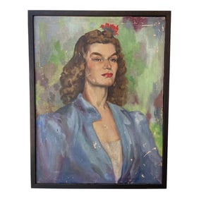 Circa 1940s French Expressionist Portrait Oil Painting of a Woman, Framed