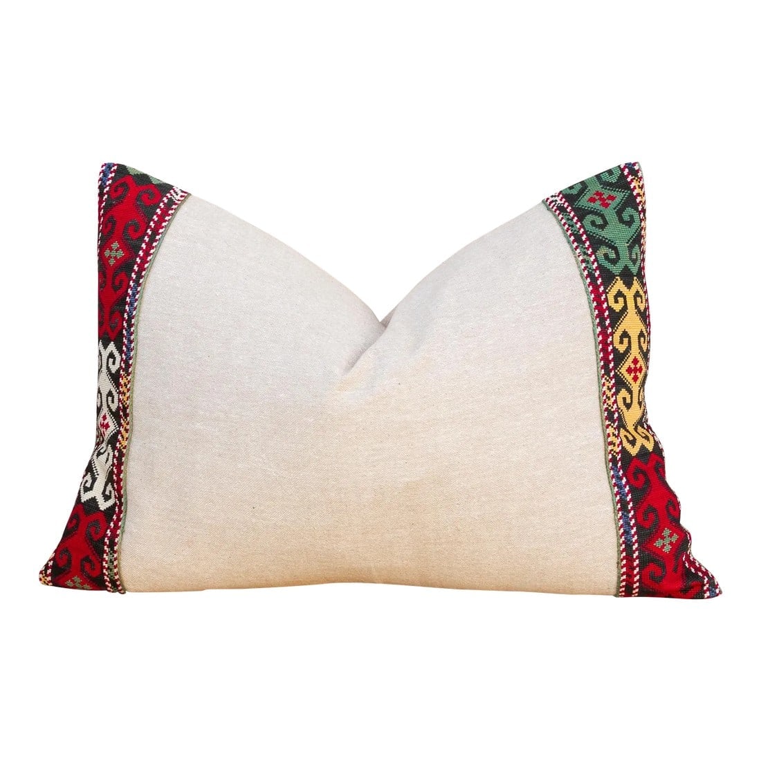 Sana Linen Tribal Border Pillow: This linen pillow is flanked by rare antique tribal borders, it is bordered by hand-woven, ply-split camel girth lace and backed with solid linen with wooden button closures. **Please bear in mind tha