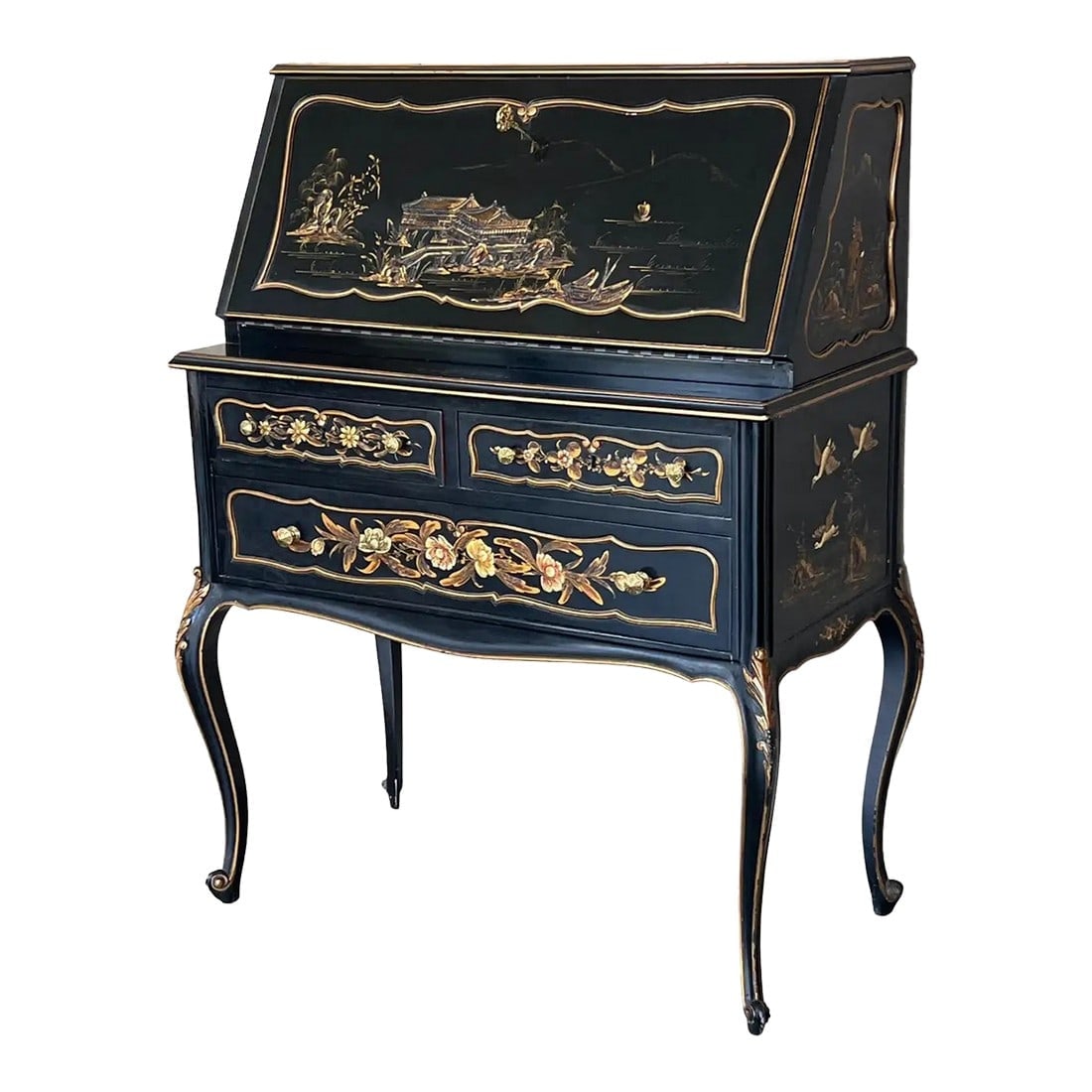 Chippendale Style Slant Top Desk in Black Lacquered Wood, Circa 1900 (1 of 11)