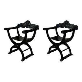 19th Century Pair of Carved Walnut Tooled Leather Savonarola Bench or Settee