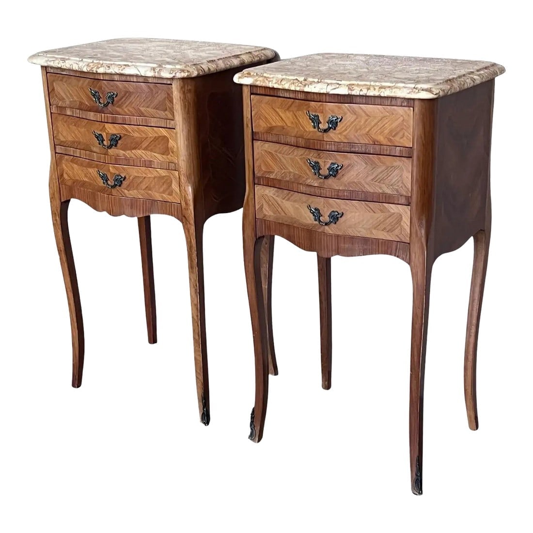 Antique Louis XV French Marquetry Marble Top Nightstands, Set of 2 (1 of 11)
