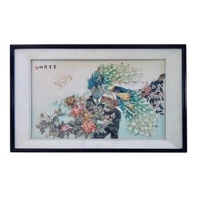 Asian Chinese 3-D Shell Relief Art Sculpture Peonies and Peacocks