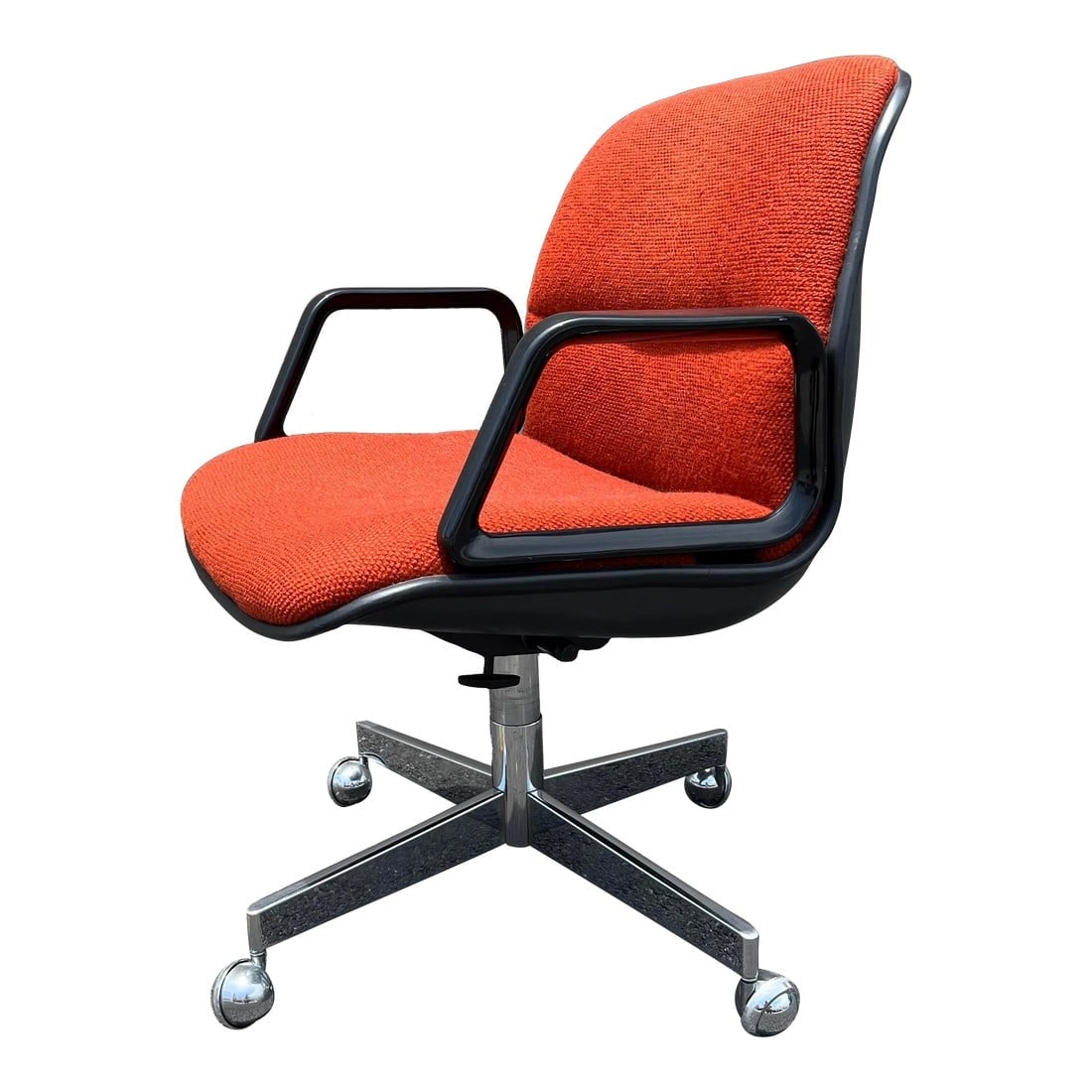 1970s Mid Century Modern Charles Pollock Style Office Chair by All Steel: American made 1970s classic swivel office arm chair on casters with super comfortable seat material and wear resistant original fabric, in great condition. 25 Wide 27 Deep 36 Height 22 Seat Height Con