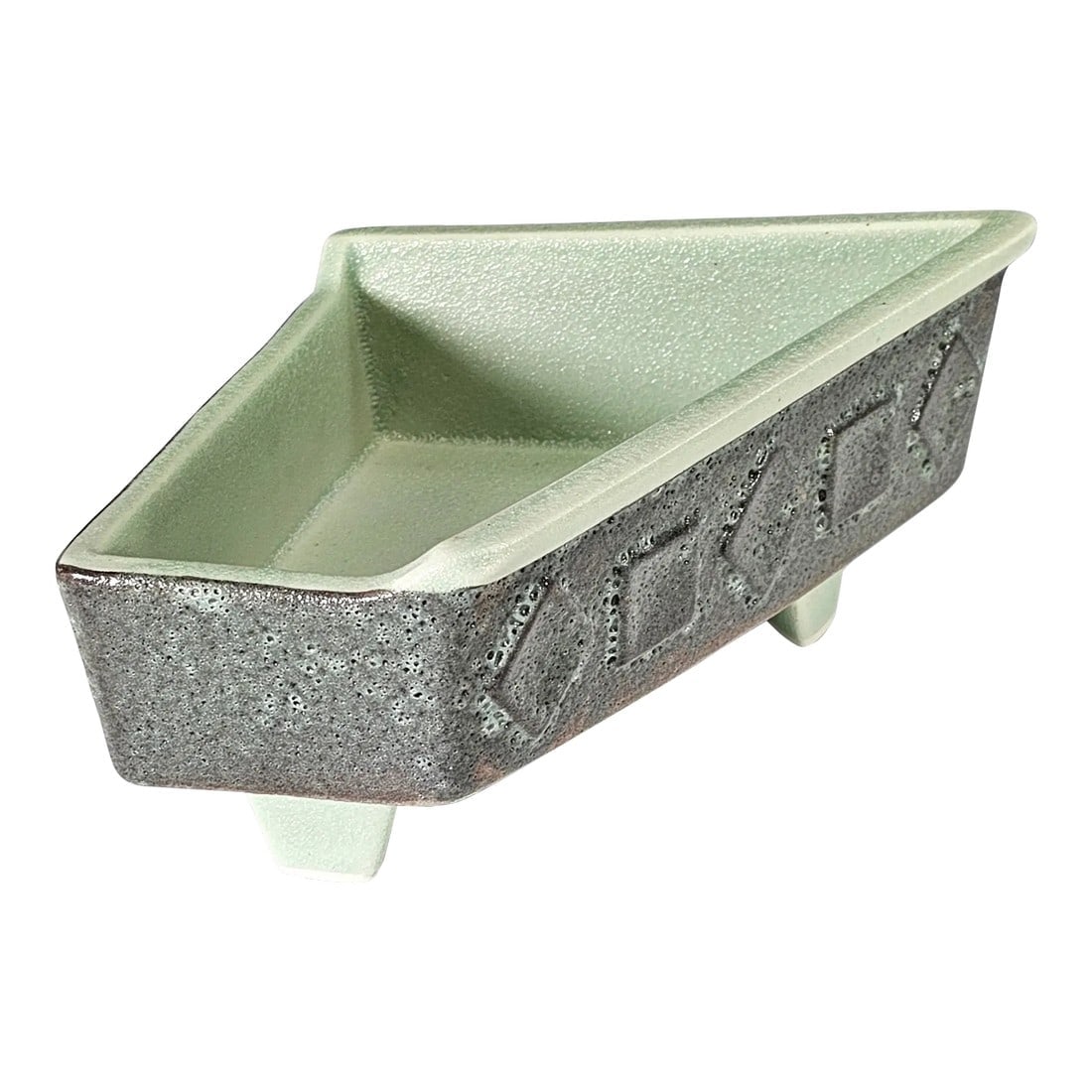 Mid-Century Japanese Ikebana Vessel With Celadon and Lava Glaze, Brutalist Stoneware: A sculptural Japanese ikebana vase, hand-built in stoneware with a soft celadon interior glaze and contrasting lava-textured exterior. The angular form and raised feet exemplify the Brutalist sensibil