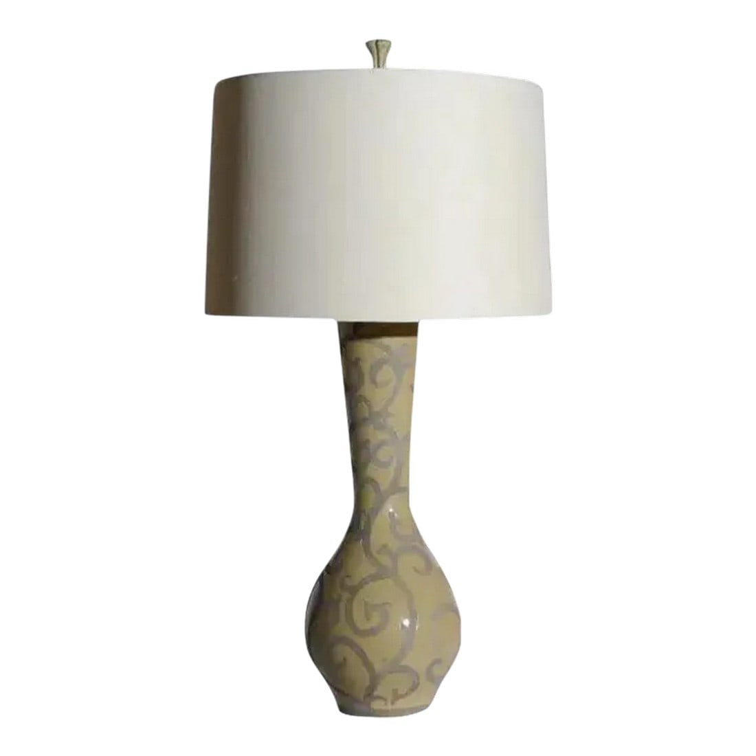 1990s Vintage Ceramic Table Lamp With Drum Shade: Ceramic Table Lamp featuring an olive green color and decoration with drum shade. Condition: Imperfections: No Imperfections Condition Notes: Excellent Condition Dimensions: Height: 32 in. Width: 16 i