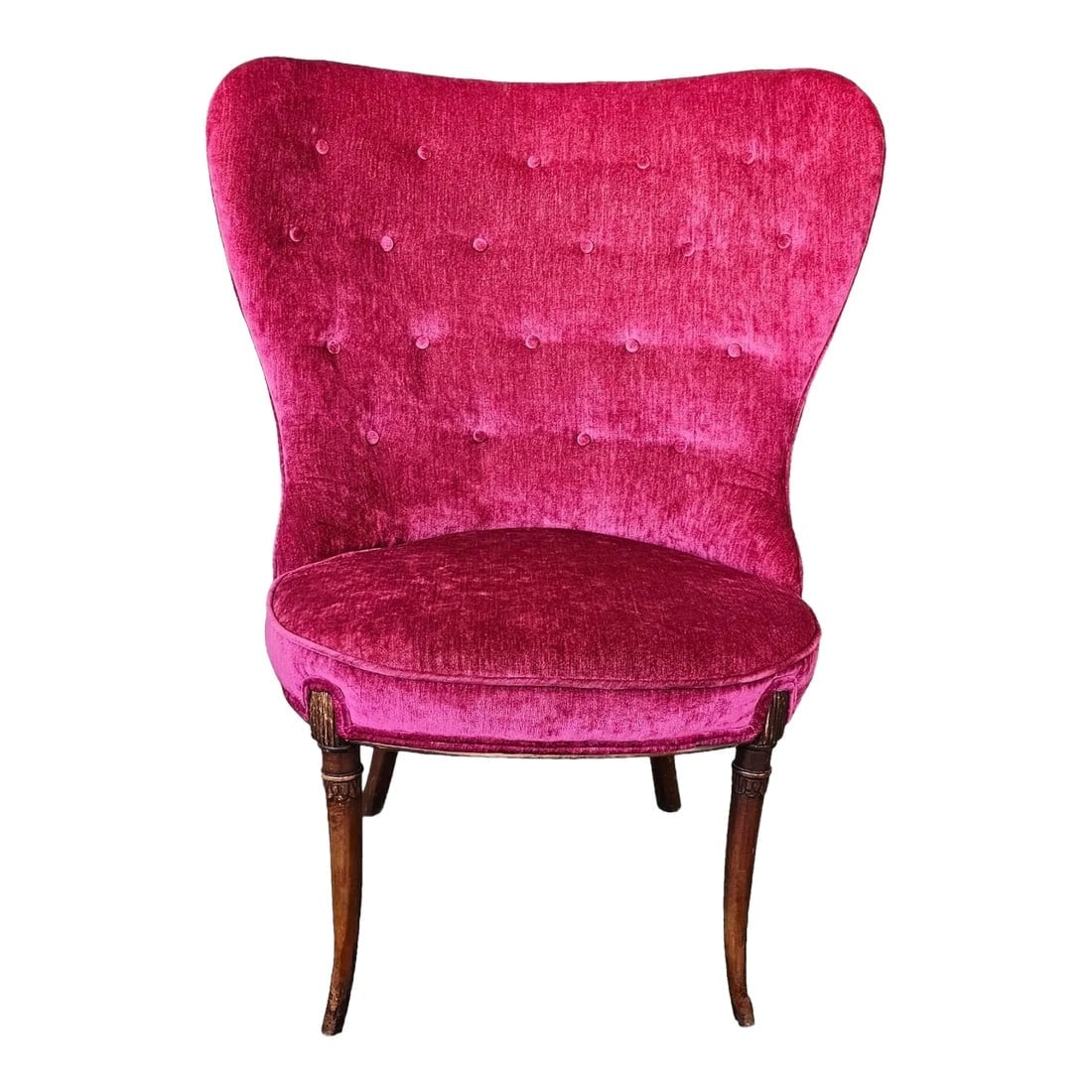 Velvet Red Cherry Wing Back Chair: This vintage wing back chair from the early 20th century exudes timeless elegance. The chair is upholstered in a sumptuous cherry red velvet fabric, This vintage red cherry velvet wing back chair is a