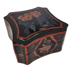 Vintage Chinese Black Lacquer Box With Peony and Blue Bird Motif, Hexagonal Form