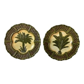 Vintage Palm Beach Regency Majolica Style Decorative Palm Tree Plates - A Pair