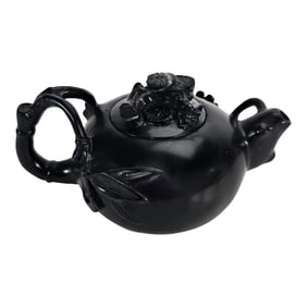 Vintage Chinese Black Marble Teapot Sculpture With Carved Bamboo Motif 5.5"
