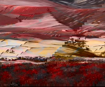 Red Abstract Landscape Oil Painting of the Yorkshire Dales by British Artist