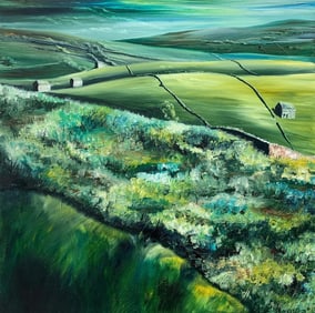 Yorkshire Dales Green Fields Abstract Landscape Oil Painting by British Artist