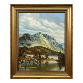 Vintage Oil Painting of Mountain Countryside Scene With Lake, Birds & Cattle in England, 1995