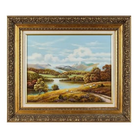 Vintage Painting of Sheep Beside a Loch in the Scottish Highlands by 20th Century British Artist, 19