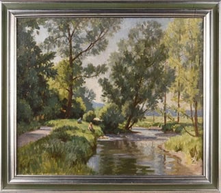 Edward Albert Hickling Oil Painting of Figures by a Tree Lined River in Irish Summer by British Arti