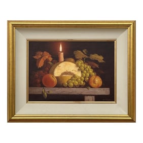 Howard Shingler Traditional Interior Still Life Oil Painting of Fruit & Candle by British Artist, 19