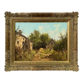 James Wright Rural Farm House Scene with Hens in English Countryside by 20th Century Artist, 1985