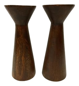 1950s Boho Chic Solid Wood Candle Holders - a Pair