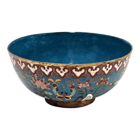 18th–19th Century Chinese Cloisonné Enamel Bowl, Jiaqing Period, Turquoise Interior 7.75"