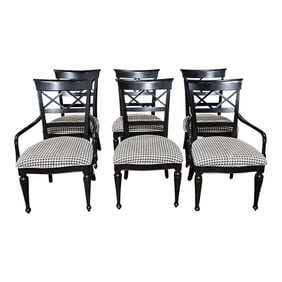 Late 20th Century Set of 6 Stanley Furniture Black X Back Dining Chairs Black White Check Fabric