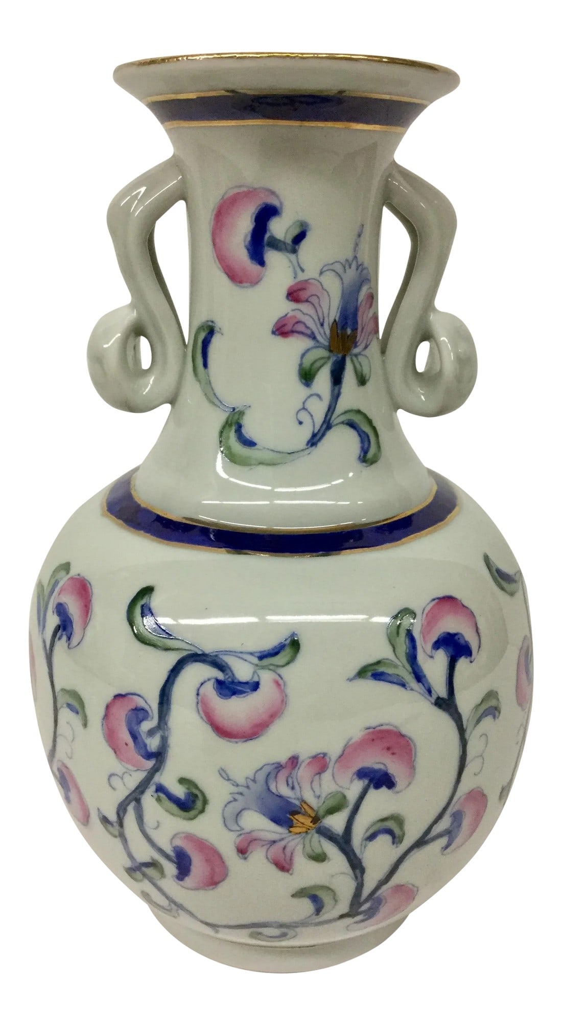 Vintage Chinese Porcelain Vase: Lovely vase with gilt gold details. The Cobalt Blue is strikingly rich against the white background with rose flowers. Hand painted. Condition: Alterations: Original Condition Unaltered Imperfections: