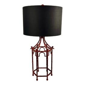 Vintage Chinoiserie Faux Bamboo Red Tole Pagoda Table Lamp