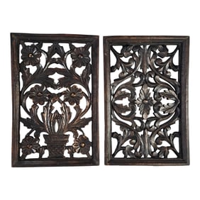 Pair of Hand-Carved Dark Wood Floral Wall Panels, 18" Decorative Wall Art