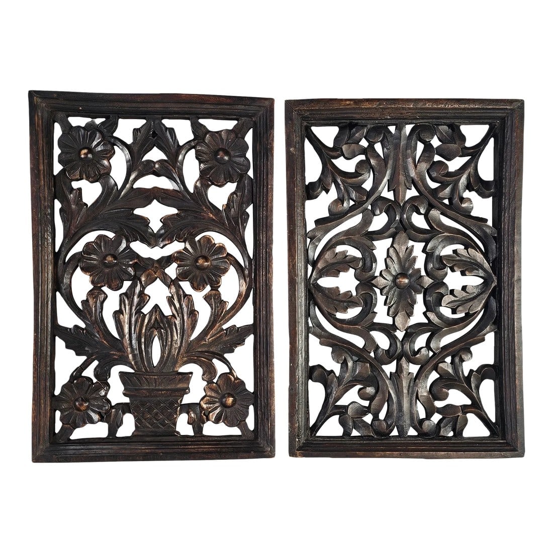 Pair of Hand-Carved Dark Wood Floral Wall Panels, 18" Decorative Wall Art (1 of 11)