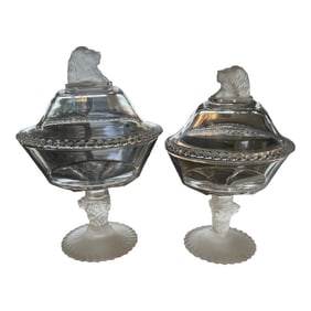 Antique Gillinder & Sons Lidded Compote With Lions a Pair