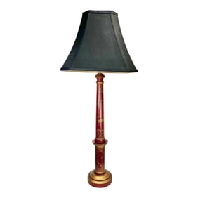 Vintage Chinoiserie Hand Painted Red and Gold Column Table Lamp With Black Shade