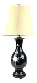1950s Black Cloisonné Table Lamp With Mother of Pearl Details