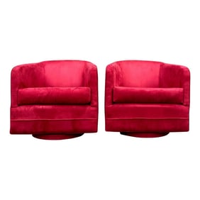 Red Suede Swivel Club Chairs - a Pair