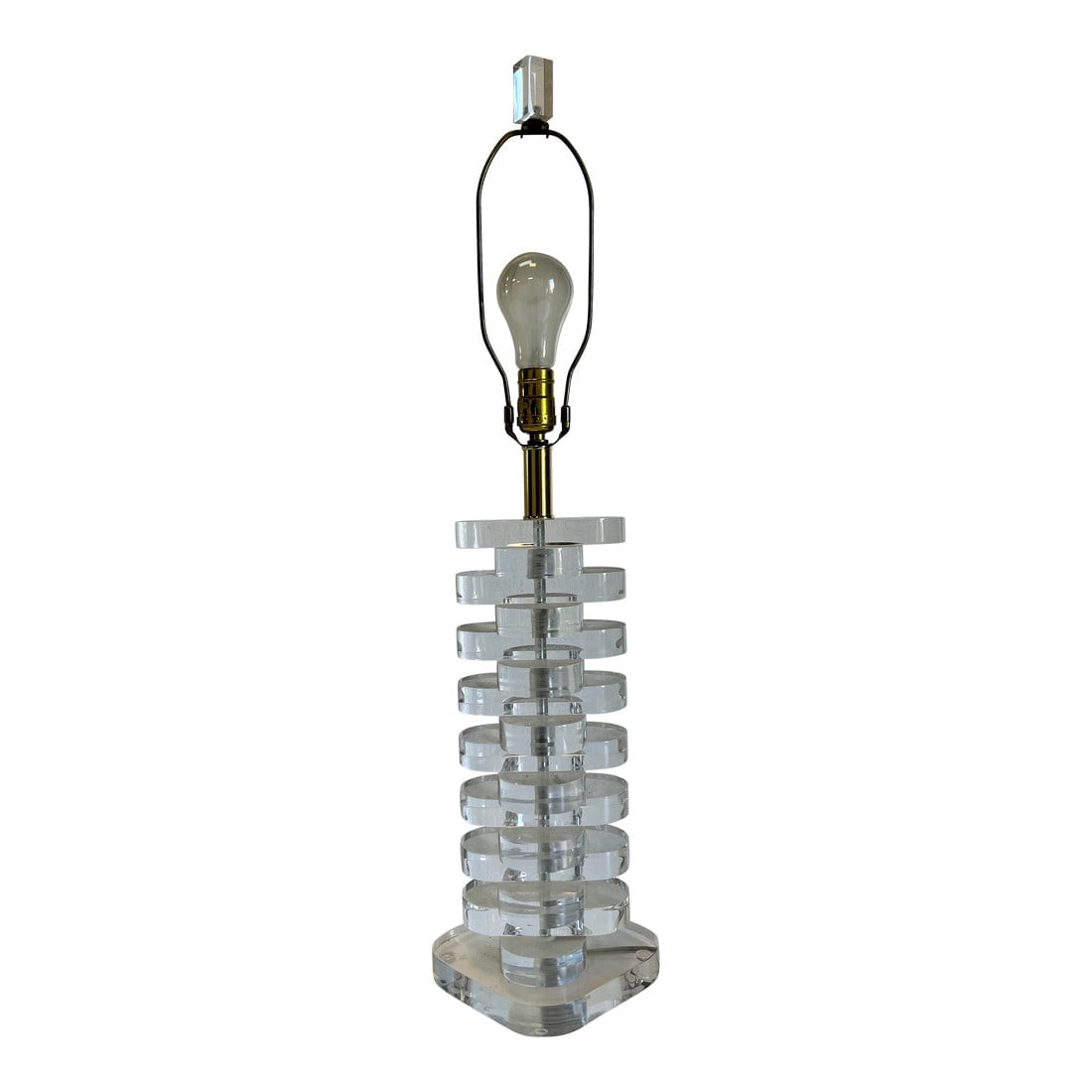 1970s Multi Stacked Lucite Table Lamp: 1970s vintage lucite table lamp. This piece has thick, multi stacked lucite blocks. Perfect piece to add a touch of the past in any living space. 32 height 7 deep 7 wide Condition: Alterations: Origin