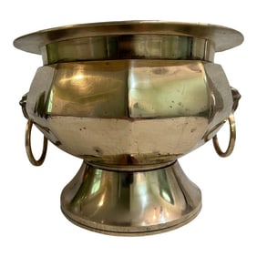 Vintage Brass Pedestal Censer or Cachepot With Lions Head Ring Handles