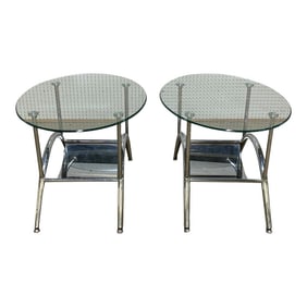 Mid 20th Century Mid Century Modern Chrome and Oval Glass Top Side Tables - a Pair