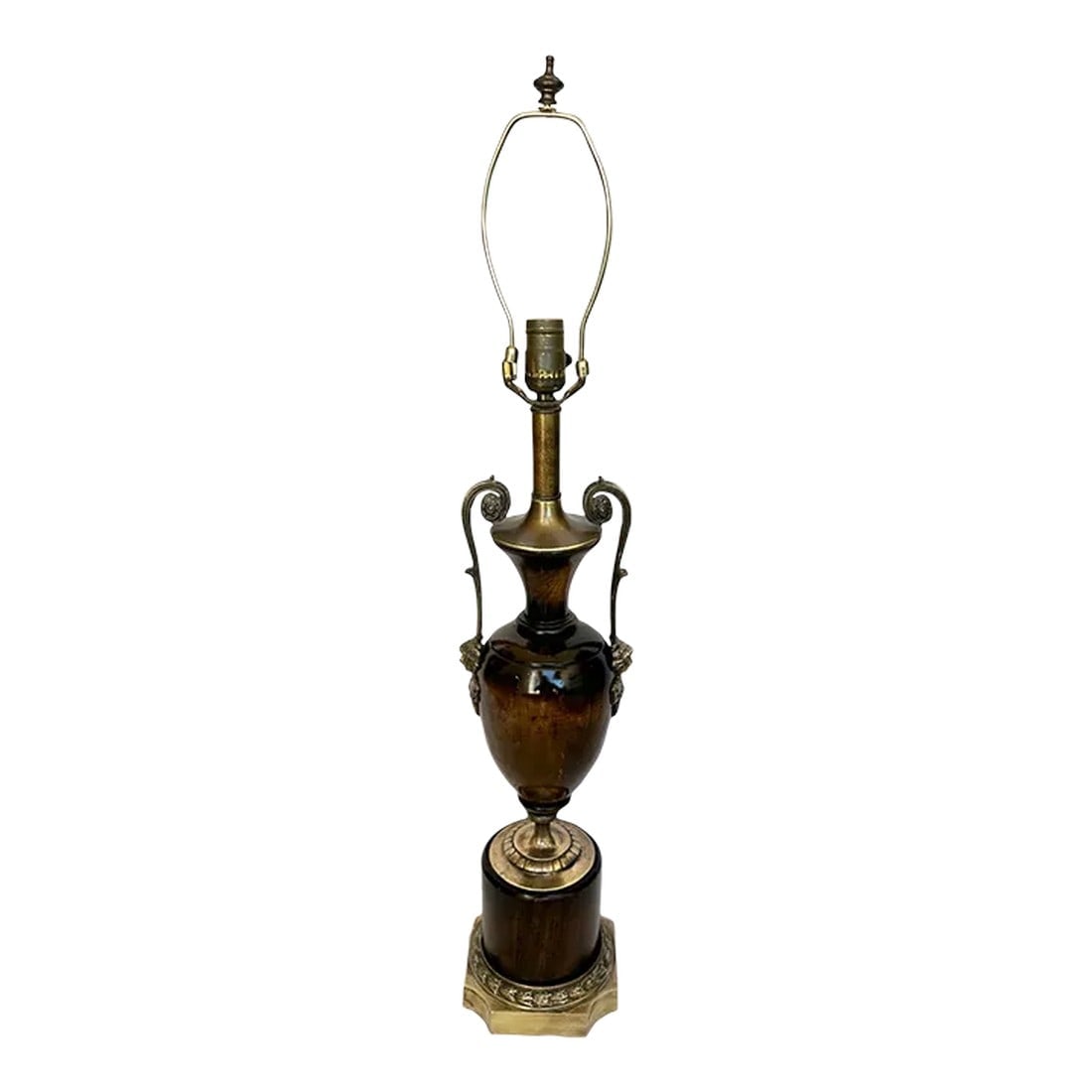 Vintage Frederick Cooper French Empire Style Table Lamp: Vintage Frederick Cooper French Empire Table Lamp, wood urn middle with brass handles, wood base with brass base. Perfect for a side table. 34.5in h to finial 27.5in h to socket 6x6in center, 6.5x6.5i