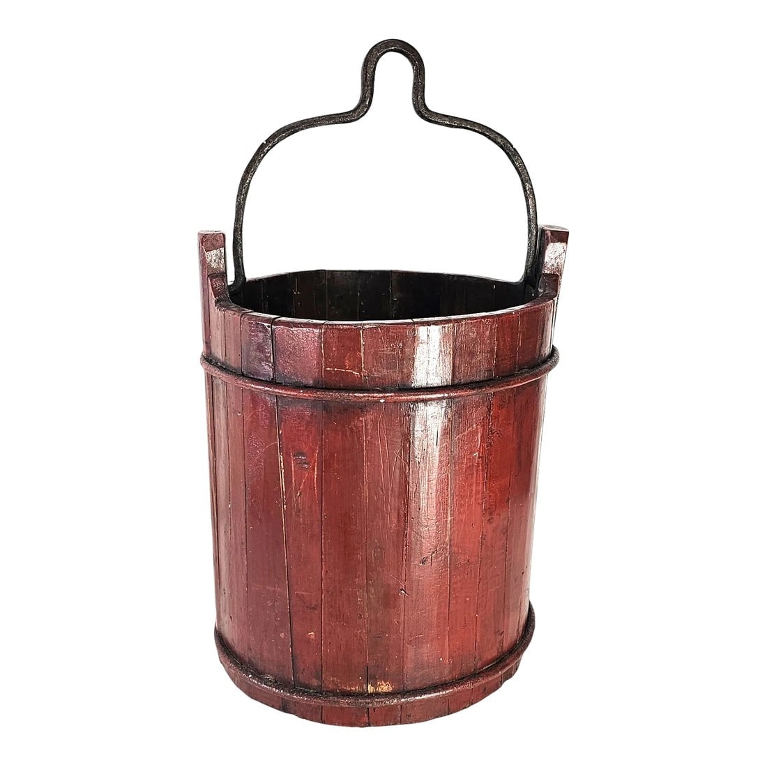 Vintage Chinese Red Lacquer Wood Wedding Bucket With Iron Handle Qing Dynasty Style 16": A sculptural vestige of Chinese wedding tradition, this lacquered wooden bucket embodies both ritual and refinement. Layers of cinnabar red lacquer enrich the grain beneath a luminous surface, while t