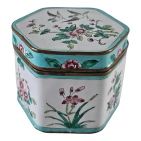 Antique Chinese Canton Enamel Copper Hexagon Box Famille Rose Birds & Flowers Qing Era 4"