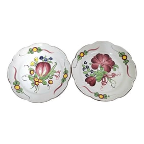 French Faience Hand Painted Floral Plates, Scalloped Pair, 8.5"