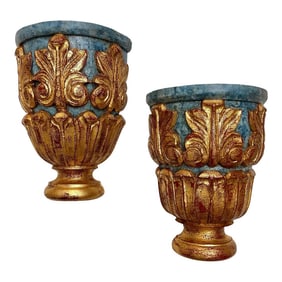 Stunning Vintage Carved Parcel Gilt Wood and Faux Marble Wall Brackets Newly Painted - A Pair