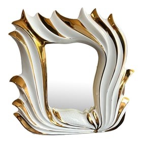 Italian 1960s White Porcelain Flame Mirror With 24k Gold Gilt Oro Zecchino Decoration Flourishes