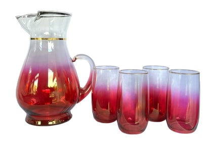 1960s Blendo Cranberry Rose Pitcher and Drinking Glass Set West Virginia Glass Co. Cocktail Set- 5 P