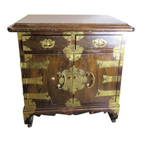 Mid-Century Japanese Mahogany Wood Side Table With Intricate Original Brass Hardware/Single
