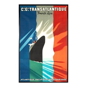 1940s Original French Poster Paul Colin Cie.Gle. Transatlantique French Line, Framed