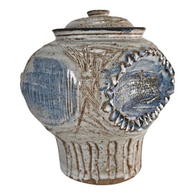 Studio Art Pottery Scraffito Blue and Gray Vase 7.25"