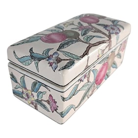 Vintage Chinoiserie Porcelain Trinket Box, Peach Motif, China, 1970s
