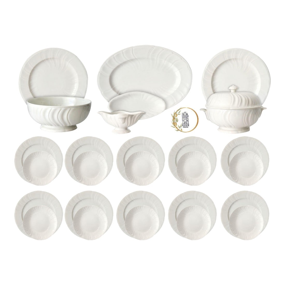 French Gien White Porcelain Dinner Set | Service for 10: Elegant French white dinner service by Gien, crafted by one of France's most renowned porcelain houses with over two centuries of heritage. Designed for ten, this classic set includes dinner plates, s