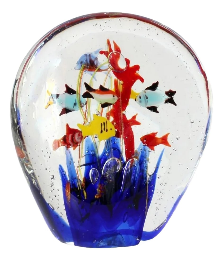Midcentury Murano Glass Aquarium: Brighten your space with this rare captivating Murano glass fish aquarium paperweight. Handcrafted in Italy, this vibrant piece features colorful glass fish swimming amidst a sea of blue glass. Each f