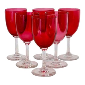 19th-Century English Victorian Hand-Blown Cranberry Wine / Cocktail Stems