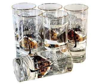 Set of 6 Libbey Winter Farm Sleigh Ride Glass Tumblers With Snow Scene
